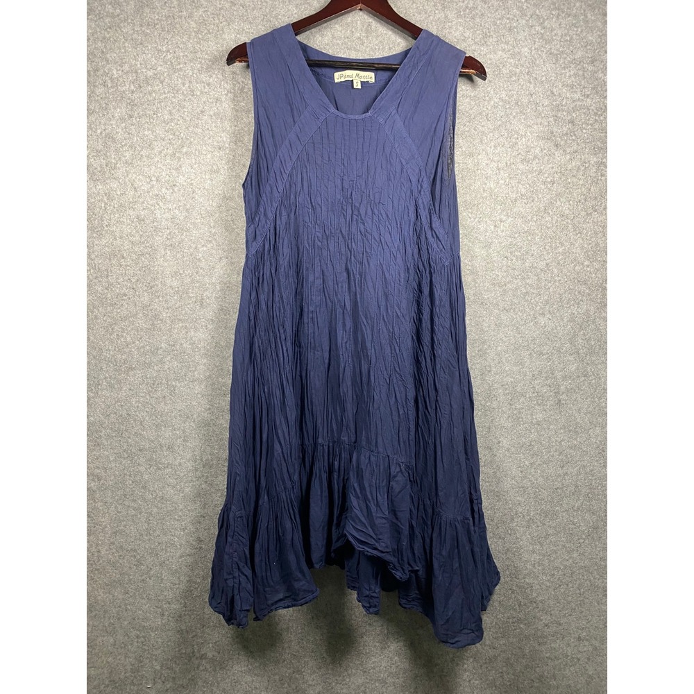 JP and Mattie Navy Blue Crinkle Cotton Sleeveless Tiered Ruffle Dress Small